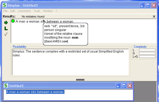 Simplus CL checker accepts the sentence, 'a man a woman sits between a woman.'